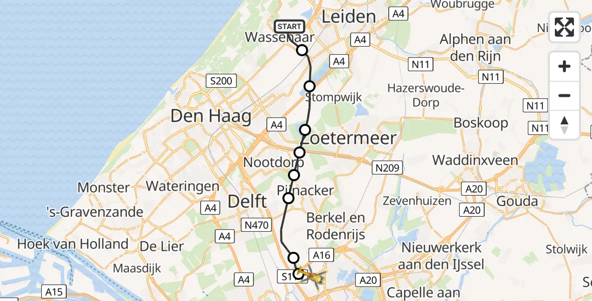 Vluchtroute Traumahelikopter Wassenaar - Rotterdam The Hague Airport, 15 juli 2026, 15:16