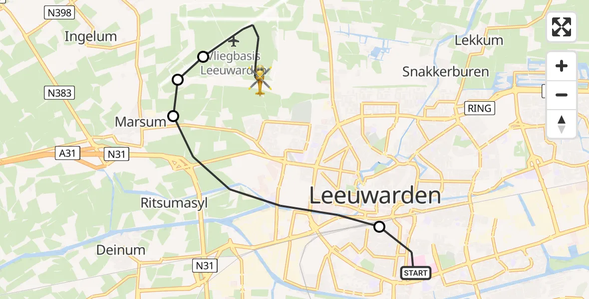 Vluchtroute Ambulancehelikopter Leeuwarden Medical Center Heliport - Vliegbasis Leeuwarden, 15 juli 2026, 15:36