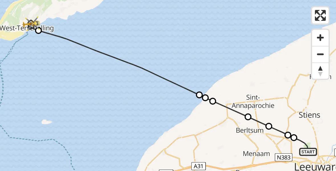 Vluchtroute Ambulancehelikopter Vliegbasis Leeuwarden - West-Terschelling, 15 juli 2026, 16:16