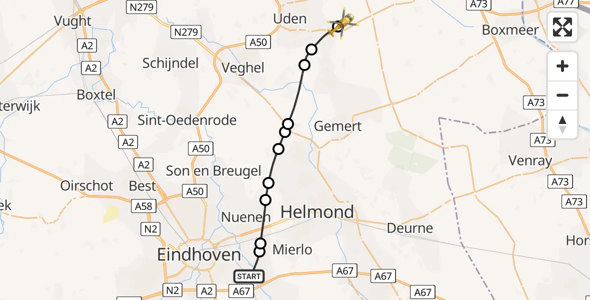 Vluchtroute Traumahelikopter Geldrop - Vliegbasis Volkel, 15 juli 2026, 16:27