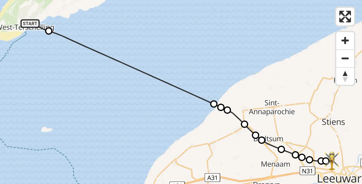 Vluchtroute Ambulancehelikopter West-Terschelling - Vliegbasis Leeuwarden, 15 juli 2026, 16:45