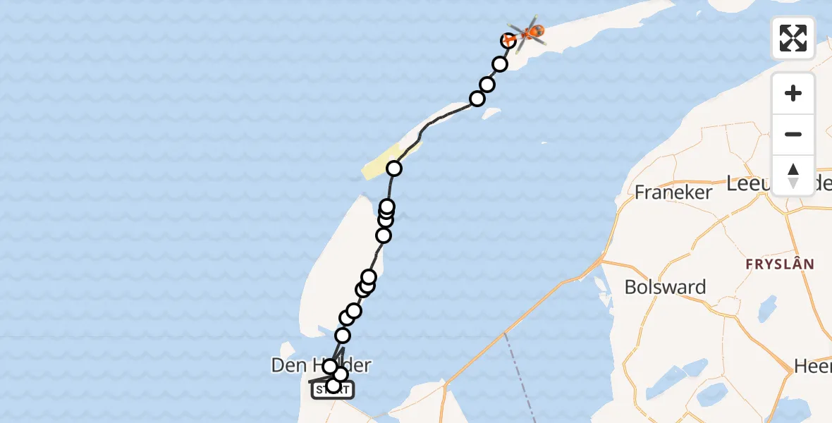 Vluchtroute Kustwachthelikopter Militair vliegveld De Kooy / Den Helder Airport - West-Terschelling, 15 juli 2026, 17:07