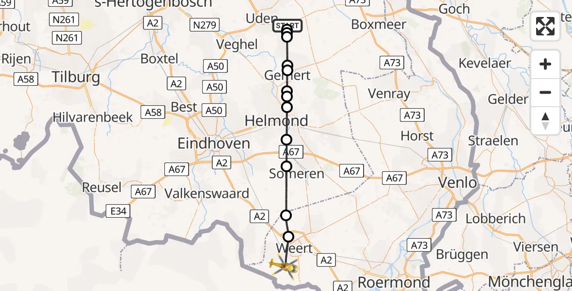 Vluchtroute Traumahelikopter Vliegbasis Volkel - Weert, 15 juli 2026, 17:32