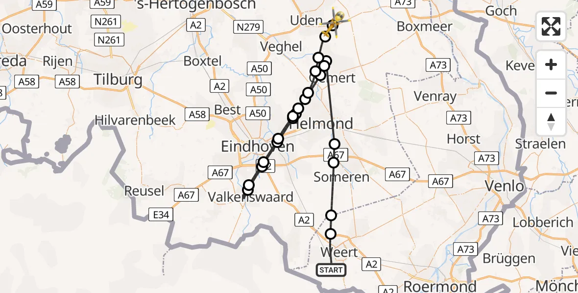 Vluchtroute Traumahelikopter Weert - Vliegbasis Volkel, 15 juli 2026, 18:09