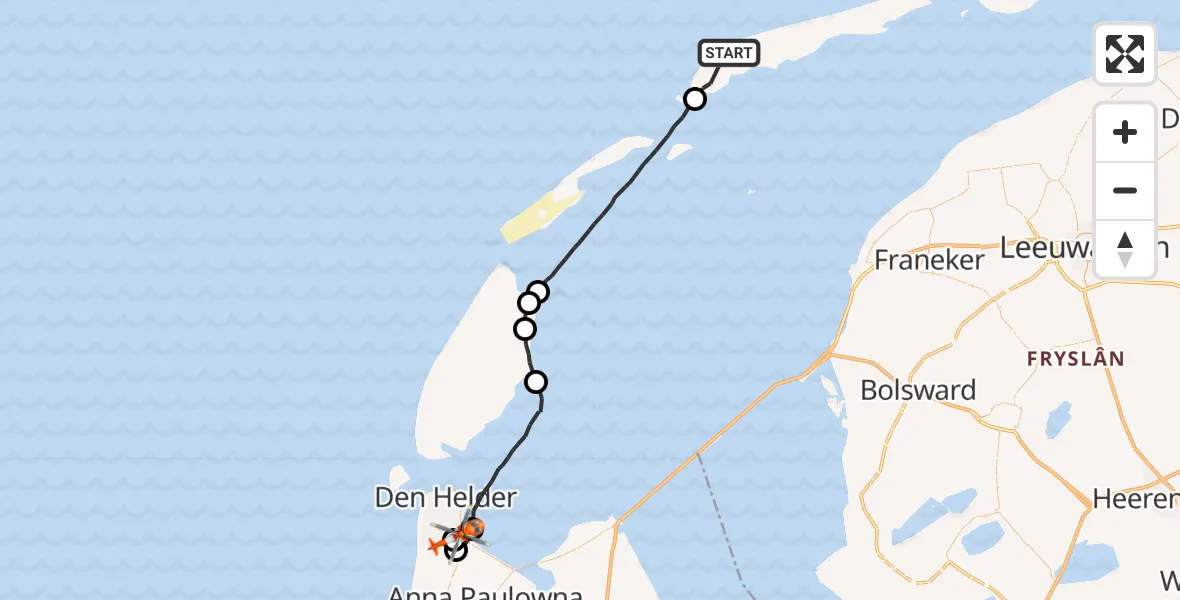 Vluchtroute Kustwachthelikopter West-Terschelling - Militair vliegveld De Kooy / Den Helder Airport, 15 juli 2026, 18:20
