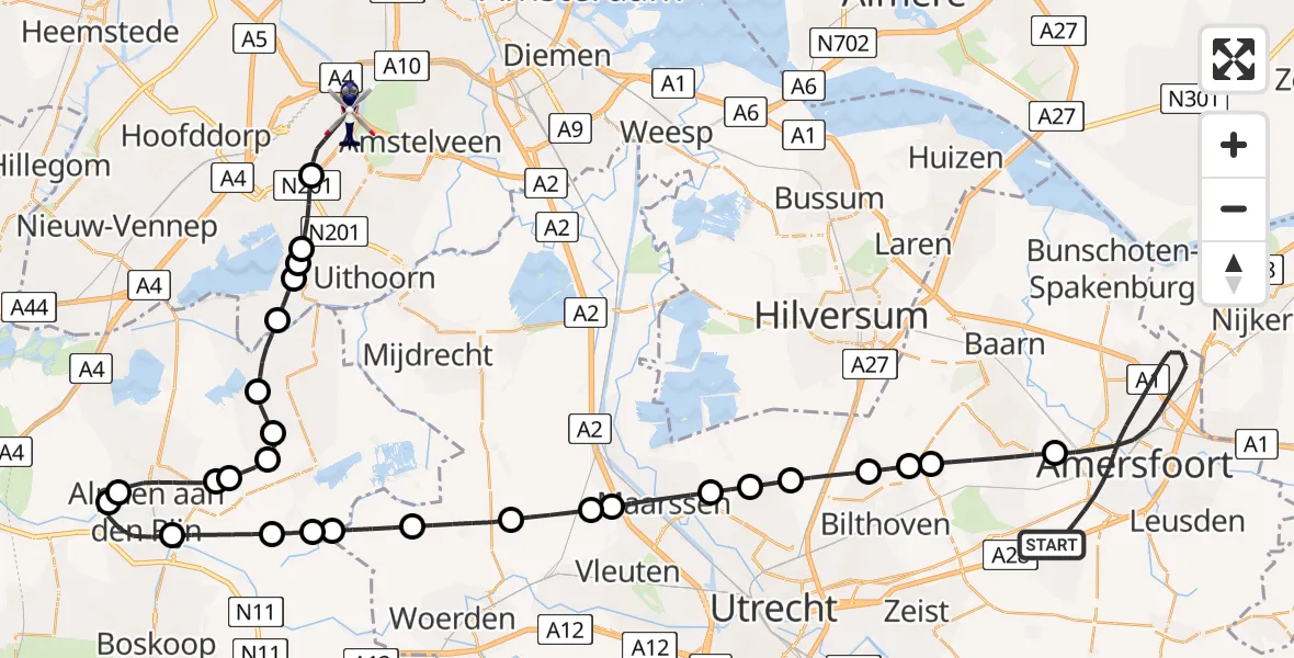 Vluchtroute Politiehelikopter Amersfoort - Amsterdam Vliegveld Schiphol, 15 juli 2026, 18:30
