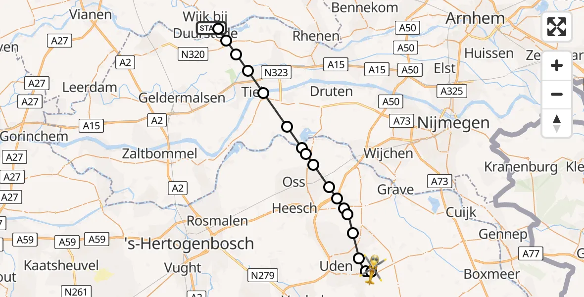 Vluchtroute Traumahelikopter Wijk bij Duurstede - Vliegbasis Volkel, 15 juli 2026, 21:10