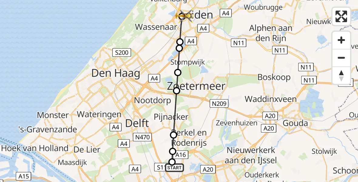 Vluchtroute Traumahelikopter Rotterdam The Hague Airport - Leiden, 16 juli 2026, 06:04