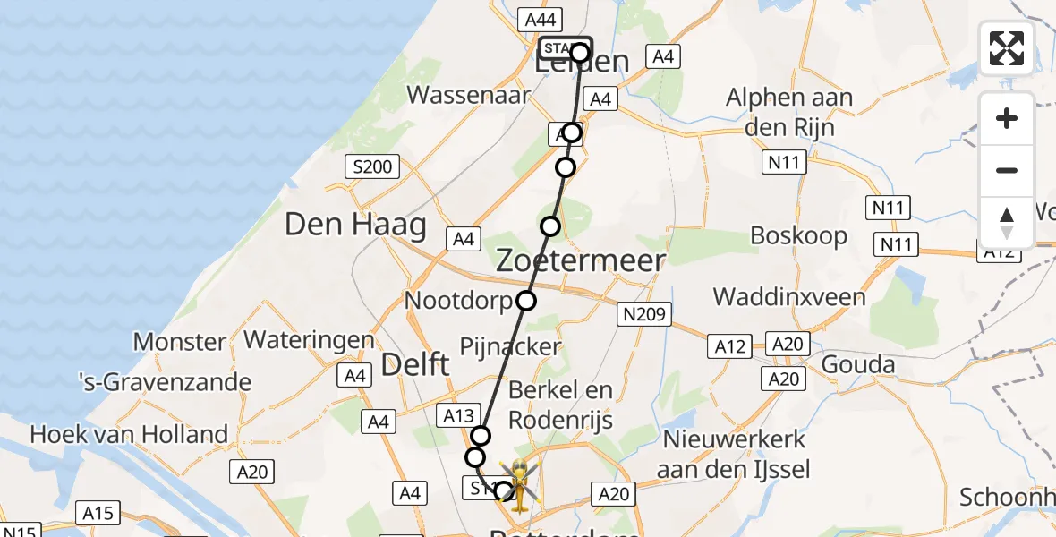 Vluchtroute Traumahelikopter Leiden University Medical Center Heliport - Rotterdam The Hague Airport, 16 juli 2026, 06:57