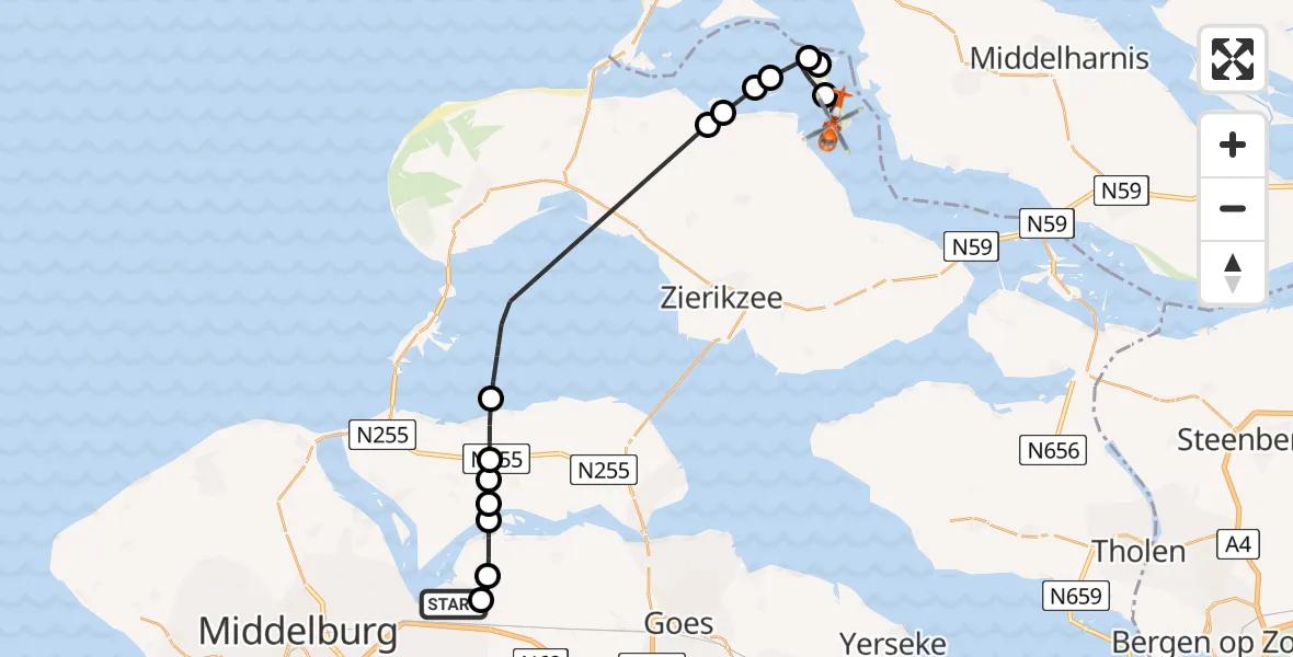 Vluchtroute Kustwachthelikopter Vliegveld Midden-Zeeland - Veermansplaat, 16 juli 2026, 07:24