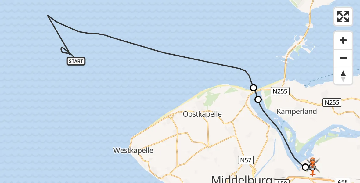 Vluchtroute Kustwachthelikopter Noordzee - Vliegveld Midden-Zeeland, 16 juli 2026, 08:45