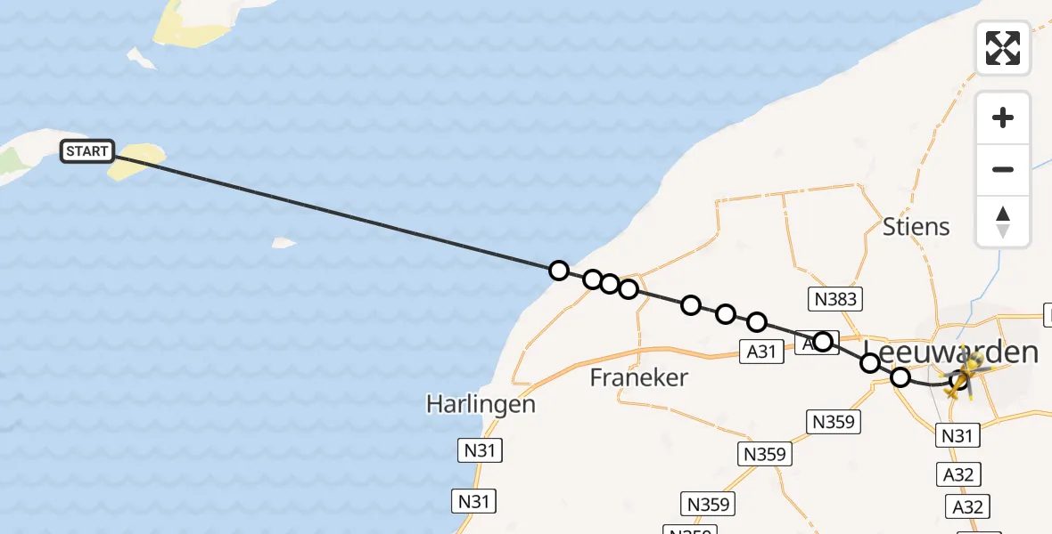 Vluchtroute Ambulancehelikopter Waddenzee - Leeuwarden Medical Center Heliport, 16 juli 2026, 12:33