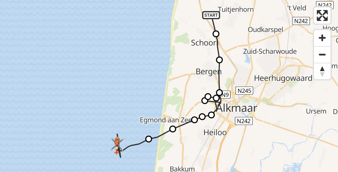 Vluchtroute Kustwachthelikopter Warmenhuizen - Noordzee, 16 juli 2026, 13:19