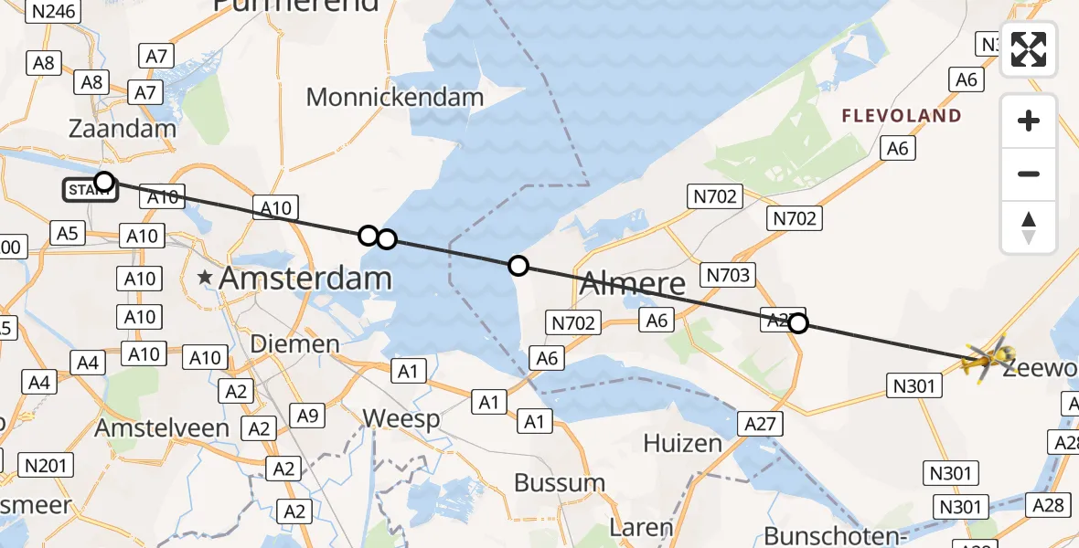 Vluchtroute Traumahelikopter Amsterdam Heliport - Zeewolde, 16 juli 2026, 13:26