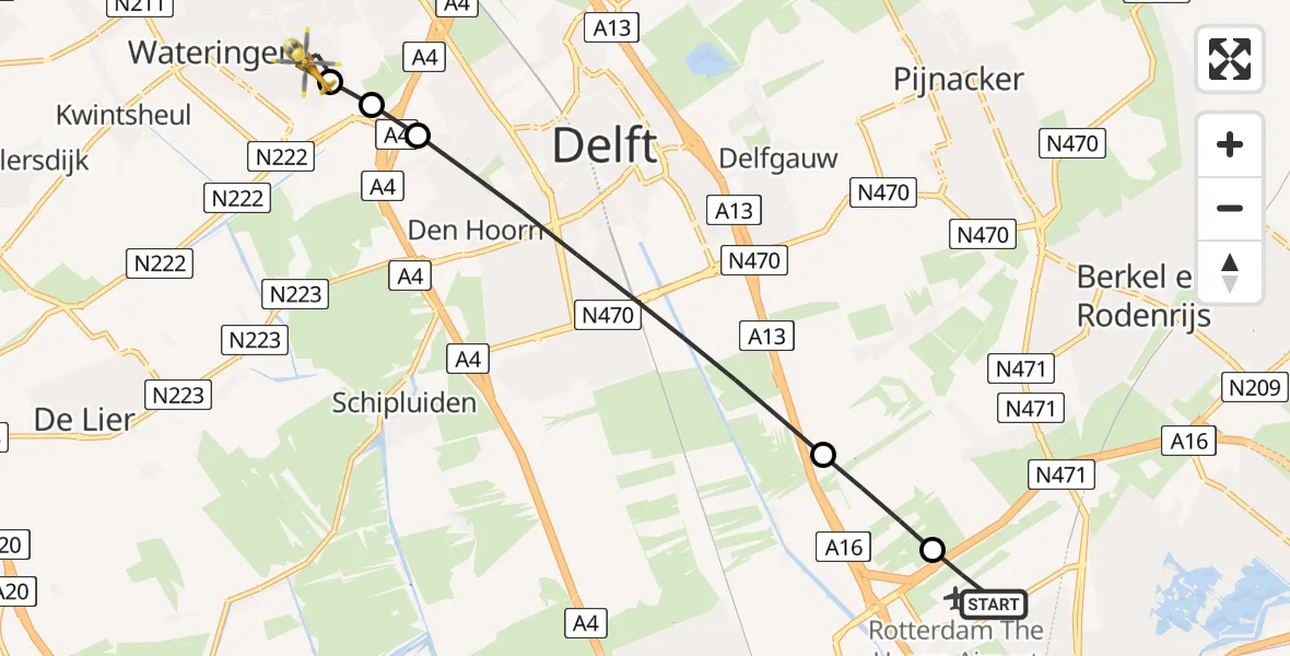 Vluchtroute Traumahelikopter Rotterdam The Hague Airport - 's-Gravenhage, 16 juli 2026, 13:28