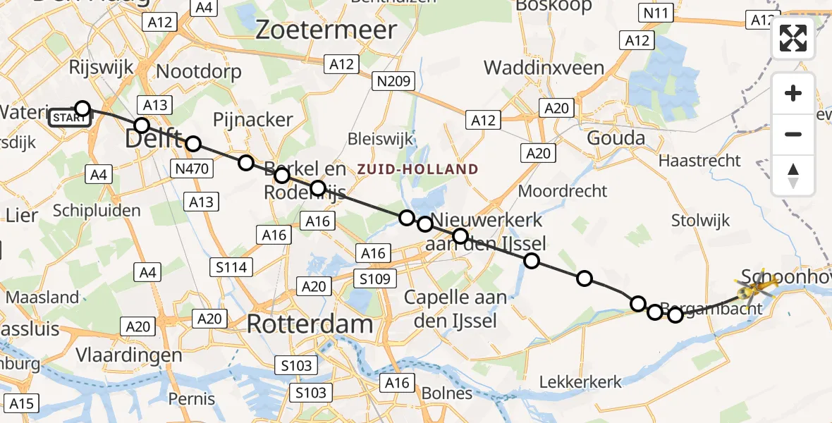Vluchtroute Traumahelikopter 's-Gravenhage - Bergambacht, 16 juli 2026, 13:49