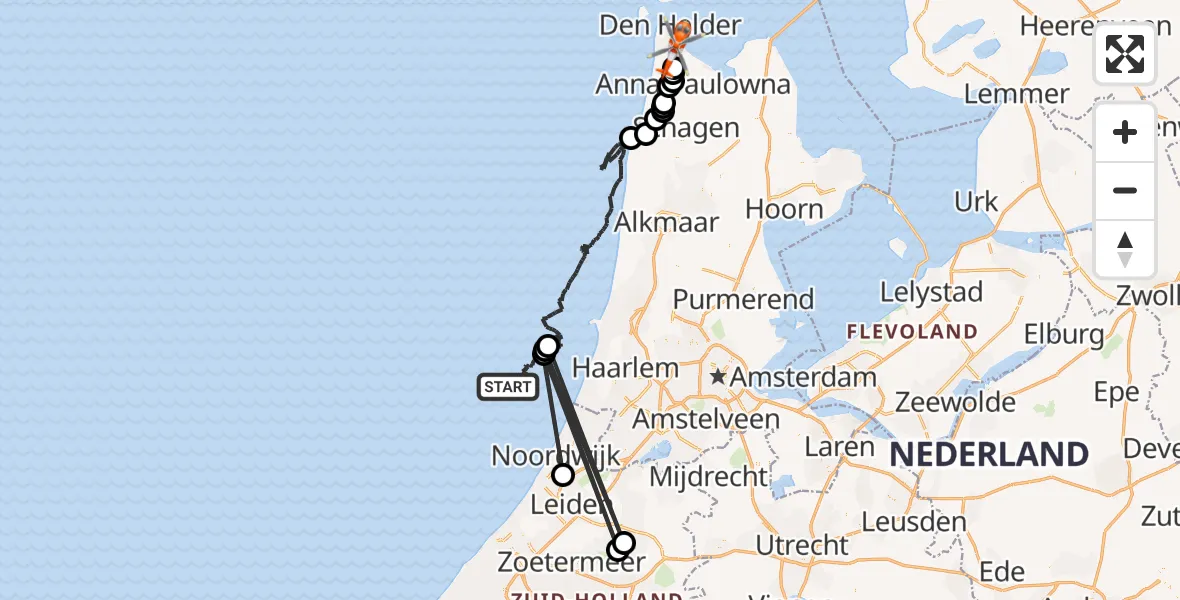 Vluchtroute Kustwachthelikopter Noordzee - Den Helder, 16 juli 2026, 13:57