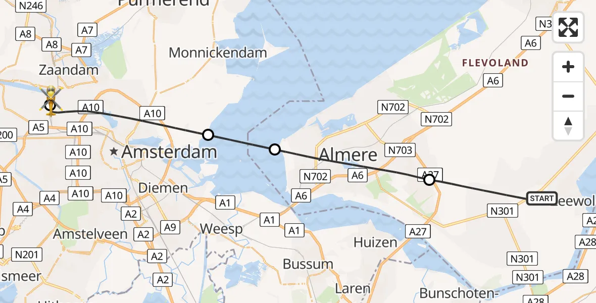 Vluchtroute Traumahelikopter Zeewolde - Amsterdam Heliport, 16 juli 2026, 14:05