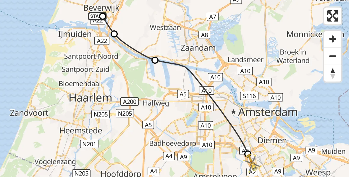 Vluchtroute Traumahelikopter Red Cross Hospital Heliport - Amsterdam-Duivendrecht, 16 juli 2026, 15:19