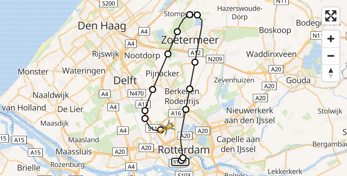 Vluchtroute Traumahelikopter Erasmus MC - Rotterdam The Hague Airport, 16 juli 2026, 15:31