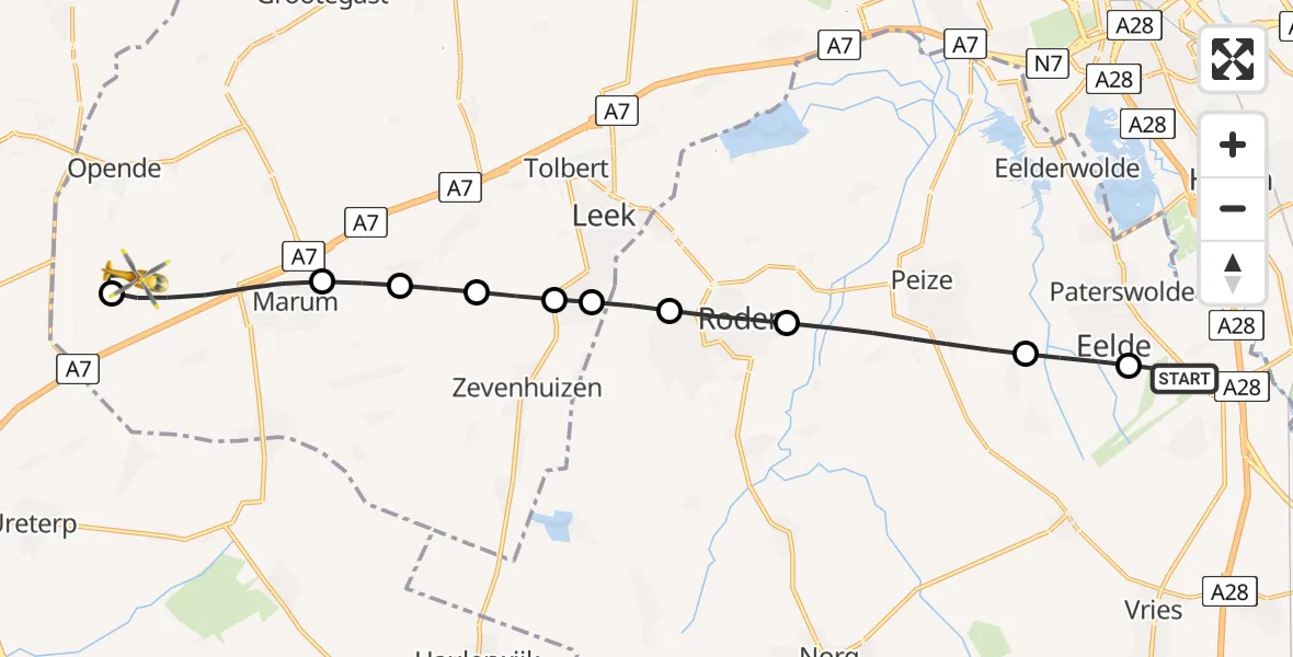 Vluchtroute Traumahelikopter Groningen Airport Eelde - Opende, 16 juli 2026, 15:31