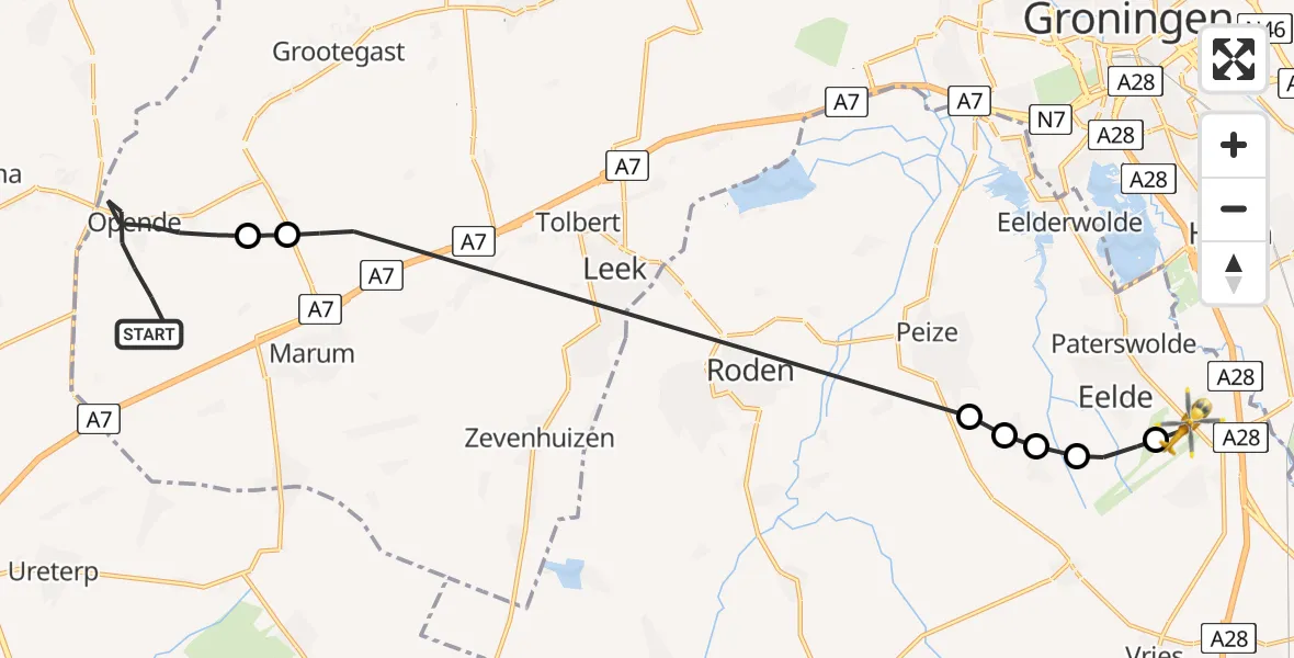 Vluchtroute Traumahelikopter Opende - Groningen Airport Eelde, 16 juli 2026, 16:07