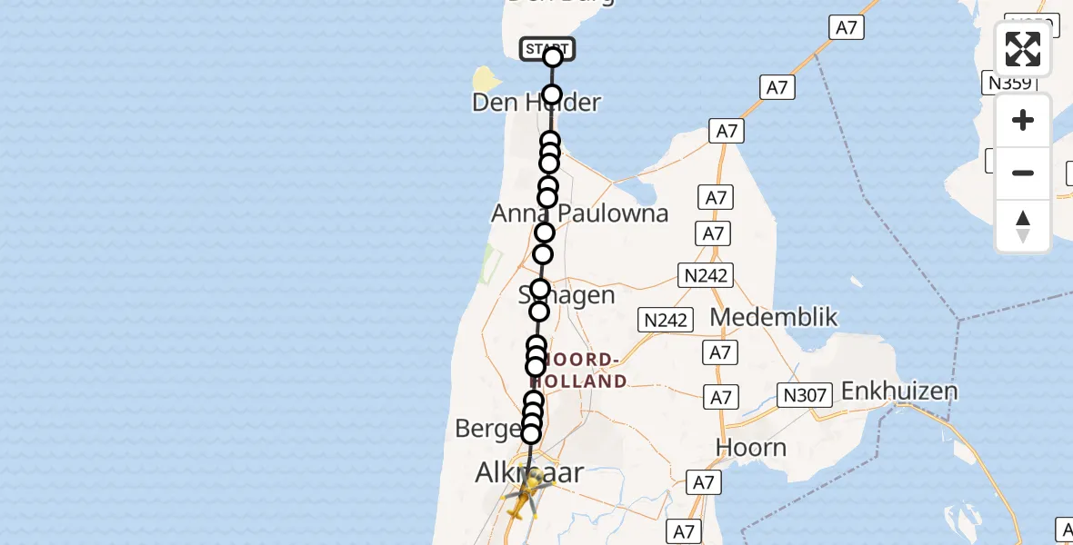 Vluchtroute Traumahelikopter Den Hoorn - Alkmaar, 16 juli 2026, 16:35