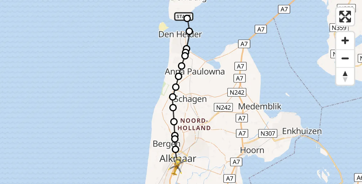 Vluchtroute Ambulancehelikopter Den Hoorn - Alkmaar, 16 juli 2026, 16:39