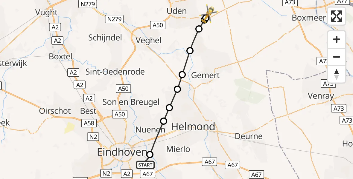 Vluchtroute Traumahelikopter Geldrop - Vliegbasis Volkel, 16 juli 2026, 17:07