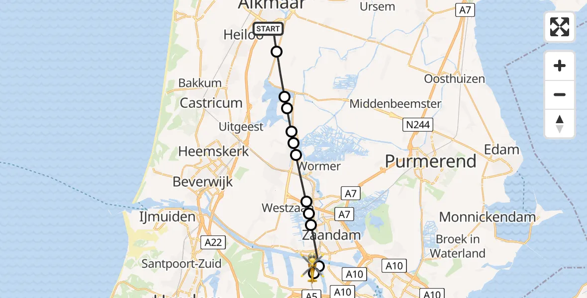 Vluchtroute Traumahelikopter Alkmaar - Amsterdam Heliport, 16 juli 2026, 17:35