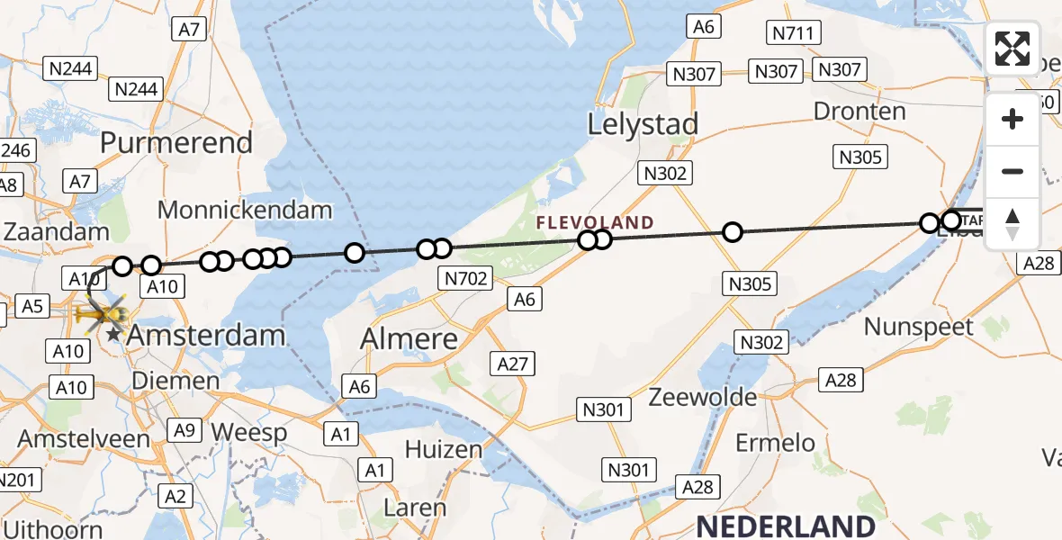 Vluchtroute Traumahelikopter Elburg - Amsterdam, 16 juli 2026, 19:16