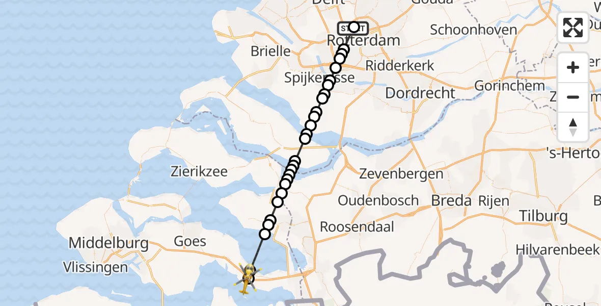 Vluchtroute Traumahelikopter Rotterdam The Hague Airport - Waarde, 16 juli 2026, 19:34