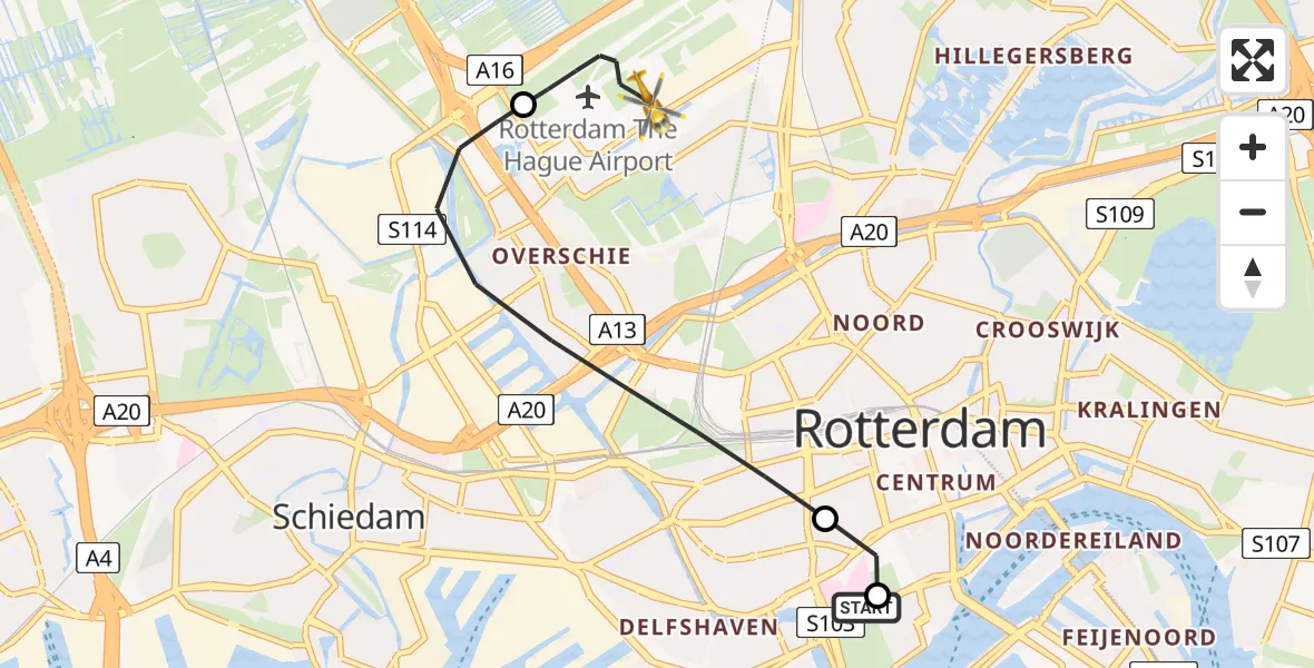 Vluchtroute Traumahelikopter Erasmus MC - Rotterdam The Hague Airport, 16 juli 2026, 21:00