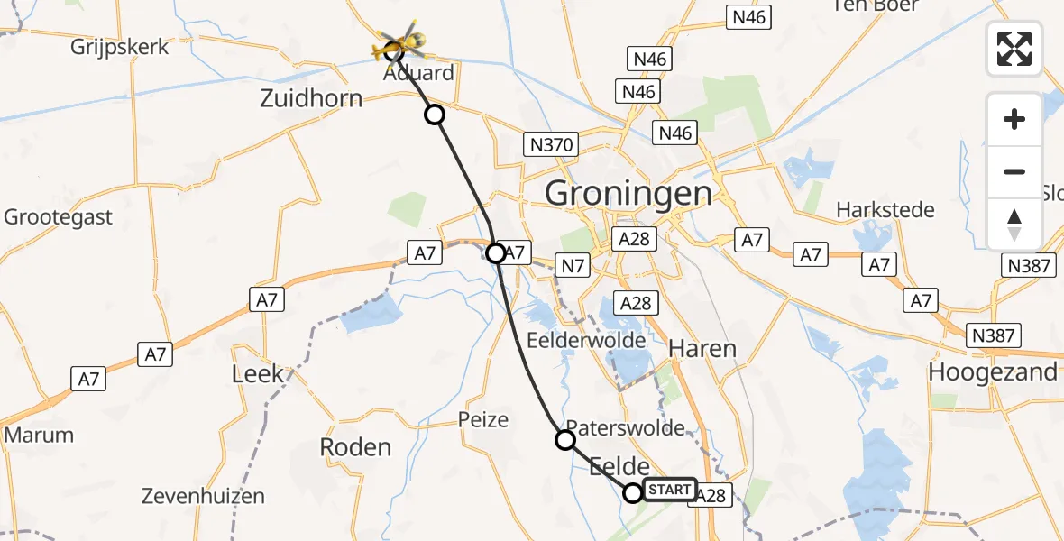 Vluchtroute Traumahelikopter Groningen Airport Eelde - Den Ham, 16 juli 2026, 21:52