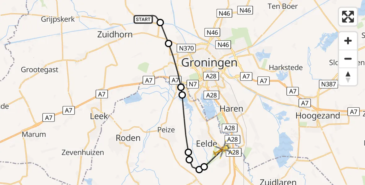 Vluchtroute Traumahelikopter Den Ham - Groningen Airport Eelde, 16 juli 2026, 23:24