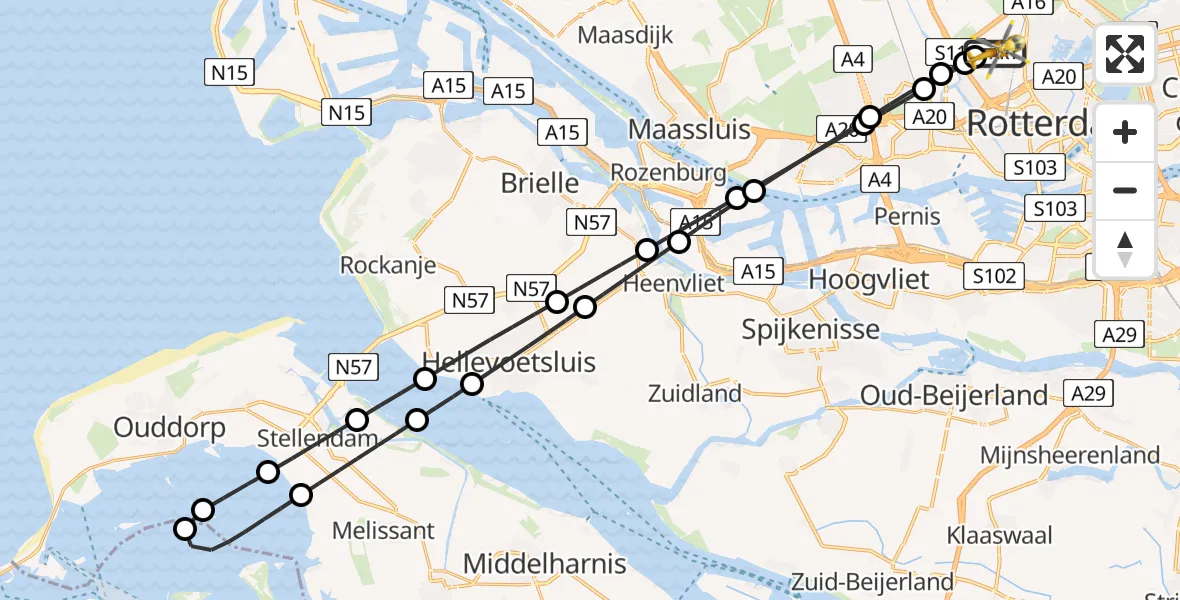 Vluchtroute Traumahelikopter Rotterdam The Hague Airport - Rotterdam The Hague Airport, 17 juli 2026, 00:39
