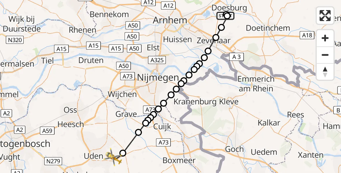 Vluchtroute Traumahelikopter Angerlo - Vliegbasis Volkel, 17 juli 2026, 03:05