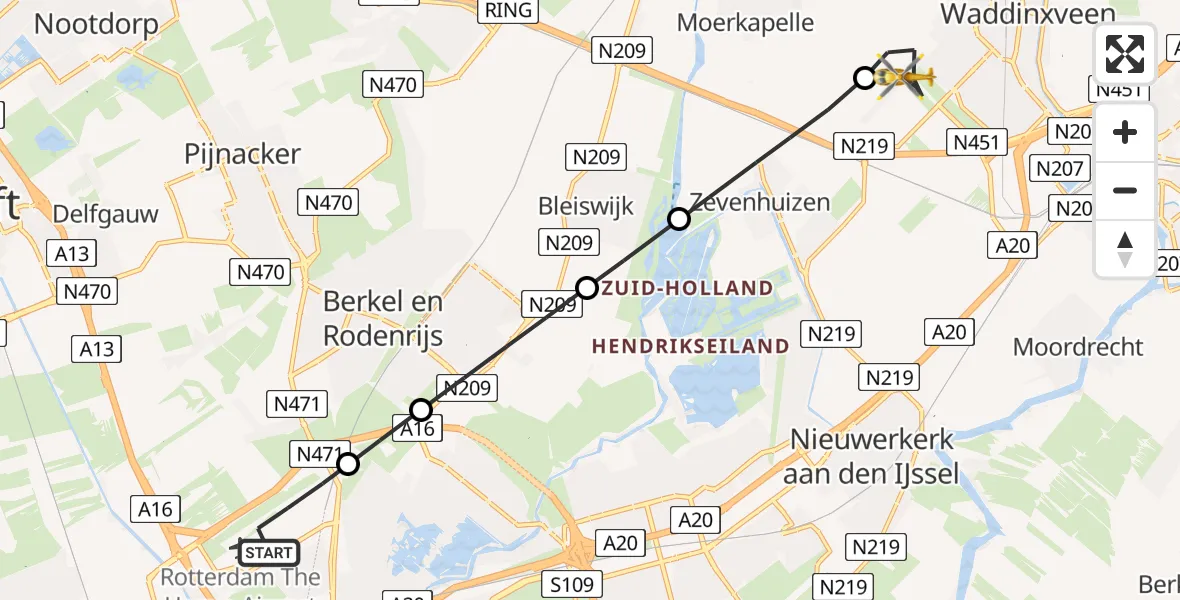 Vluchtroute Traumahelikopter Rotterdam The Hague Airport - Waddinxveen, 17 juli 2026, 05:35
