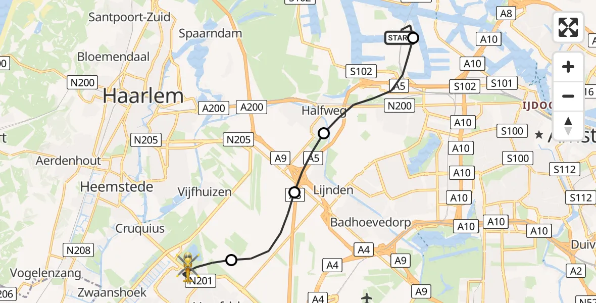 Vluchtroute Traumahelikopter Amsterdam Heliport - Hoofddorp, 17 juli 2026, 05:52