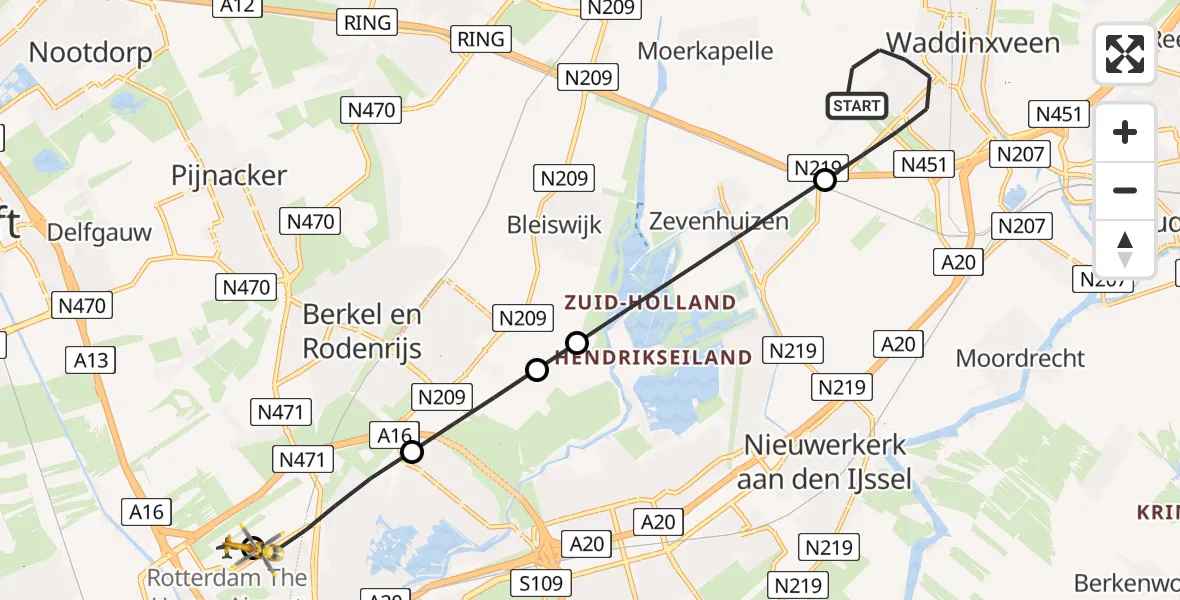 Vluchtroute Traumahelikopter Waddinxveen - Rotterdam The Hague Airport, 17 juli 2026, 06:04