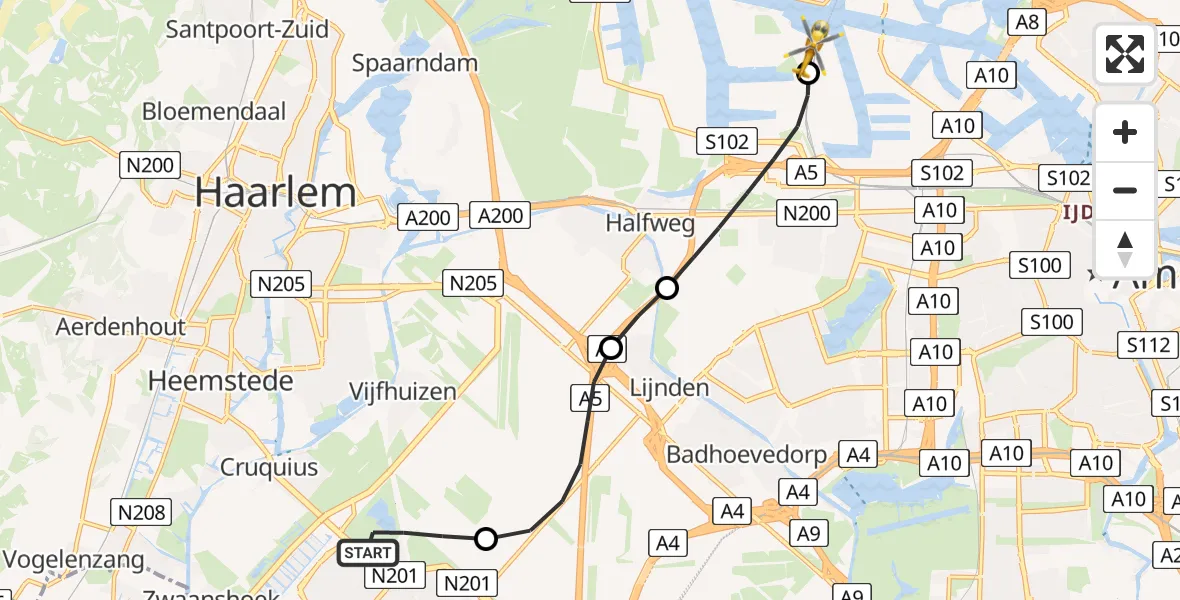Vluchtroute Traumahelikopter Hoofddorp - Amsterdam Heliport, 17 juli 2026, 06:08