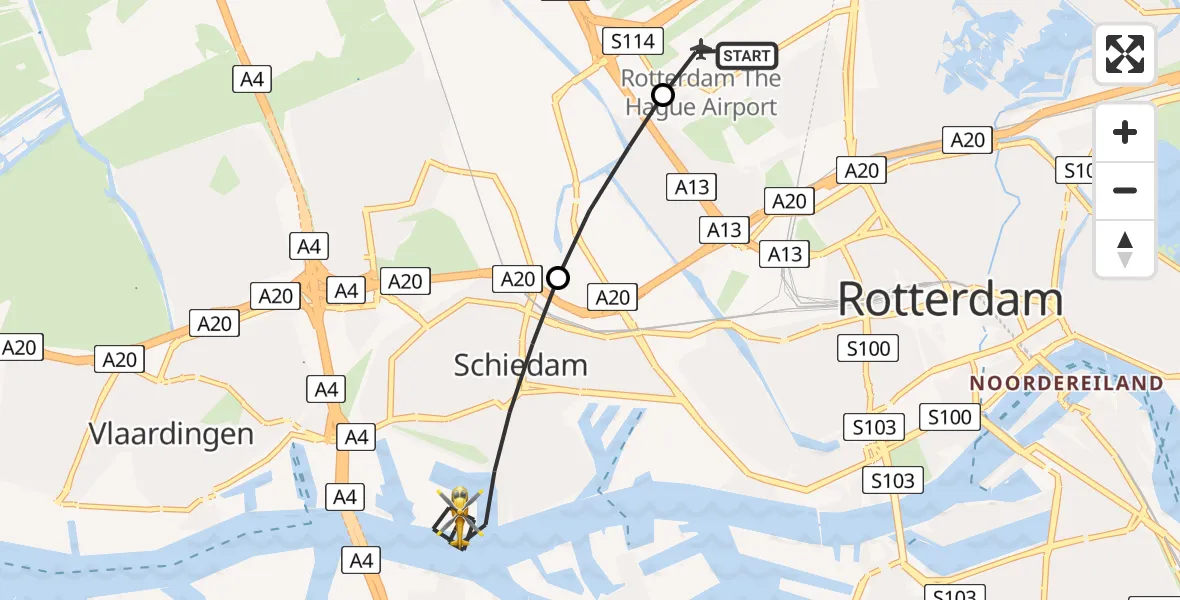 Vluchtroute Traumahelikopter Rotterdam The Hague Airport - Schiedam, 17 juli 2026, 06:48
