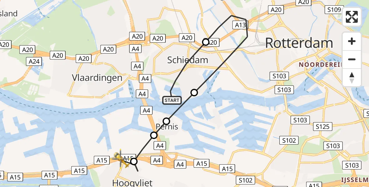 Vluchtroute Traumahelikopter Schiedam - Hoogvliet Rotterdam, 17 juli 2026, 07:30