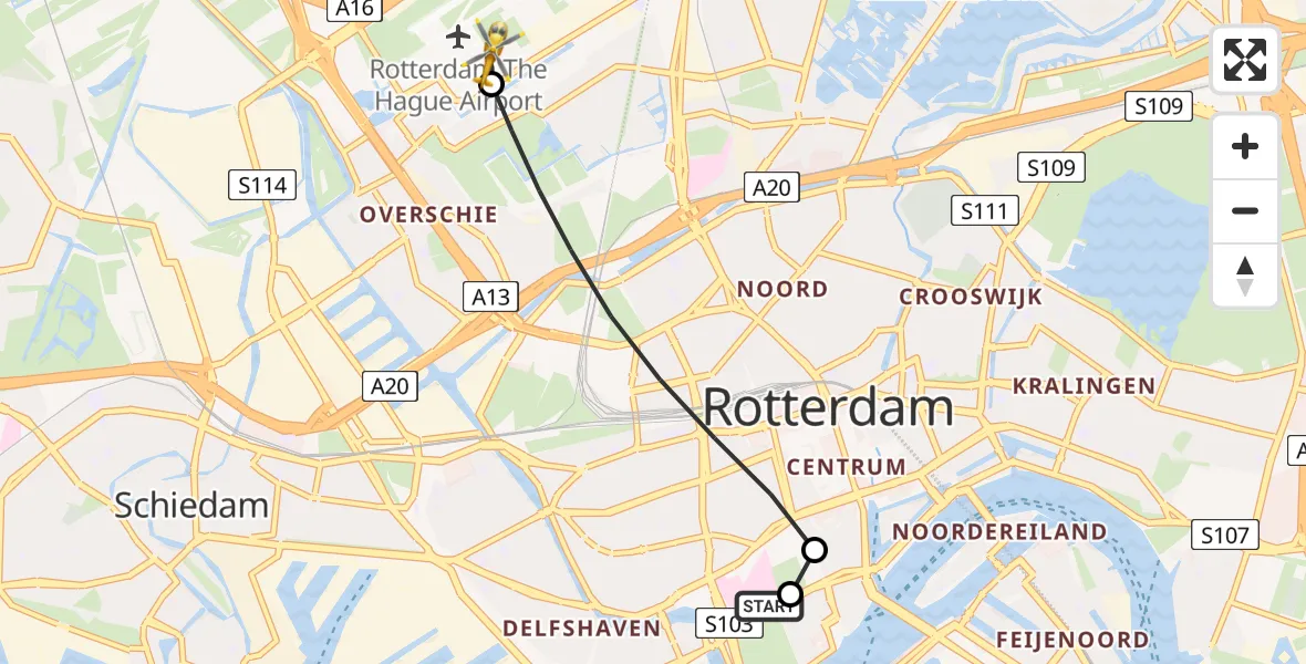 Vluchtroute Traumahelikopter Erasmus MC - Rotterdam The Hague Airport, 17 juli 2026, 08:01