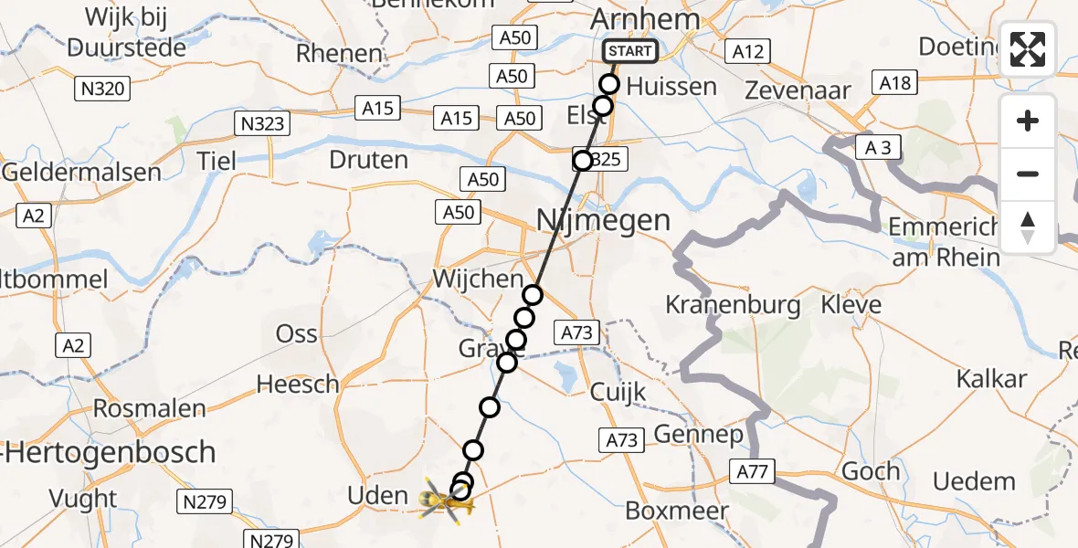 Vluchtroute Traumahelikopter Arnhem - Vliegbasis Volkel, 17 juli 2026, 08:16