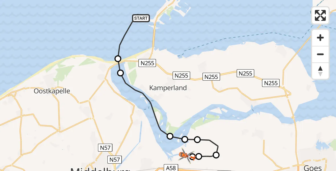 Vluchtroute Kustwachthelikopter Noordzee - Vliegveld Midden-Zeeland, 17 juli 2026, 08:38