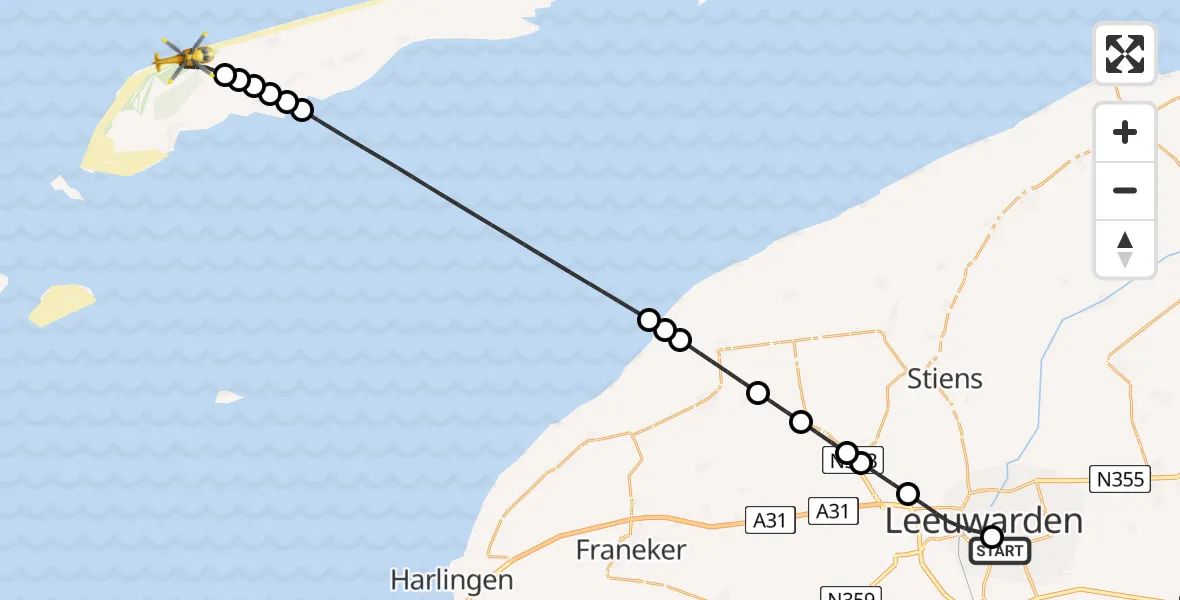 Vluchtroute Ambulancehelikopter Leeuwarden Medical Center Heliport - West-Terschelling, 17 juli 2026, 11:00