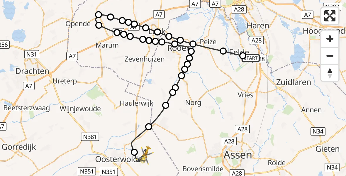 Vluchtroute Traumahelikopter Groningen Airport Eelde - Fochteloo, 17 juli 2026, 11:34