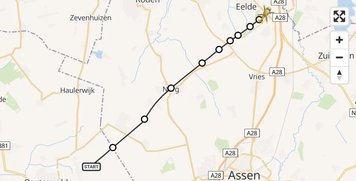 Vluchtroute Traumahelikopter Fochteloo - Groningen Airport Eelde, 17 juli 2026, 12:30
