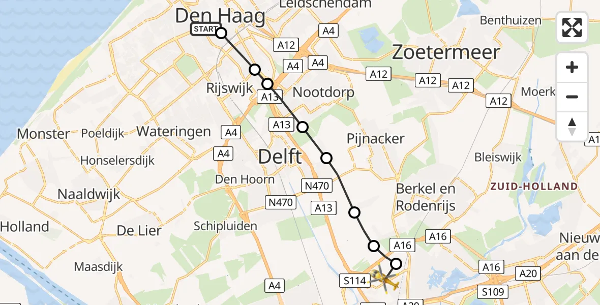 Vluchtroute Traumahelikopter HMC Westeinde Heliport - Rotterdam The Hague Airport, 17 juli 2026, 17:08